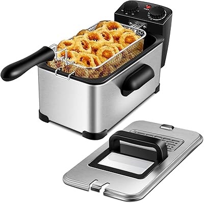ARLIME Deep Fryer with Basket, 3.2 Qt/3L Electric Fryer with Adjustable Temperature & Timer, Removable Oil-Container & Lid w/View Window, Stainless Steel Small Deep Fryers for Home Use, Kitchen