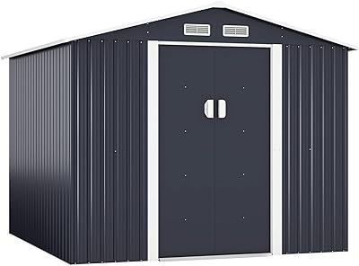 JAXPETY Outdoor Storage Shed Metal Garden Sheds with Sliding Doors for Backyard, Patio, Lawn (Gray, 8'x8')