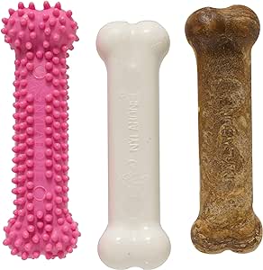 Nylabone Puppy Triple Pack - Pink Puppy Teething Toy, Nylon Dog Toy, &amp; Chew Treat Variety Pack - Puppy Supplies - Chicken and Bacon Flavors, Small/Regular (3 Count)
