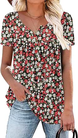 ROSELINLIN Women&#39;s Short Sleeve Shirts Long Sleeve Floral Summer Tops Loose Fit for Leggings