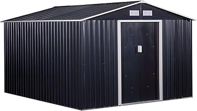 Outsunny 11' x 9' Outdoor Storage Shed, Garden Tool House with Foundation Kit, 4 Vents and 2 Easy Sliding Doors for Backyard, Patio, Garage, Lawn, Dark Gray