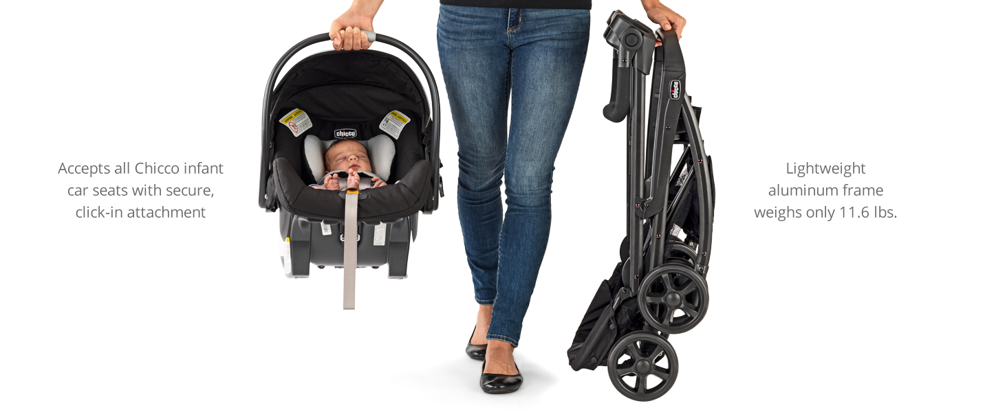 Woman holding a KeyFit car seat in one hand and a KeyFit Caddy stroller in the other..