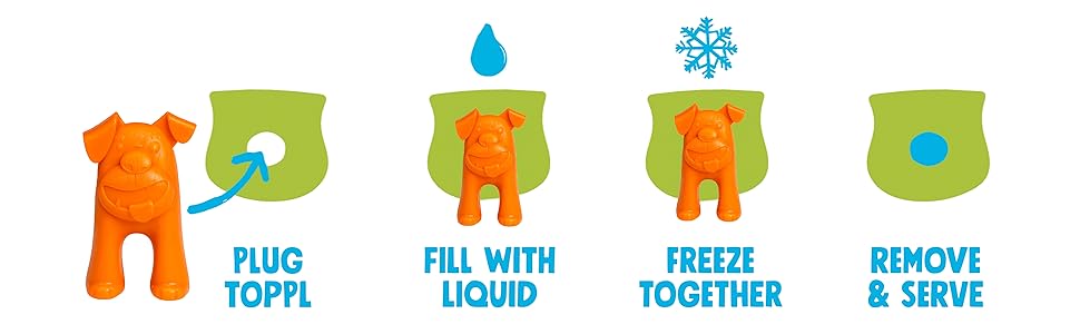 Easy steps: plug toppl, fill with liquid, freeze together, then remove and serve