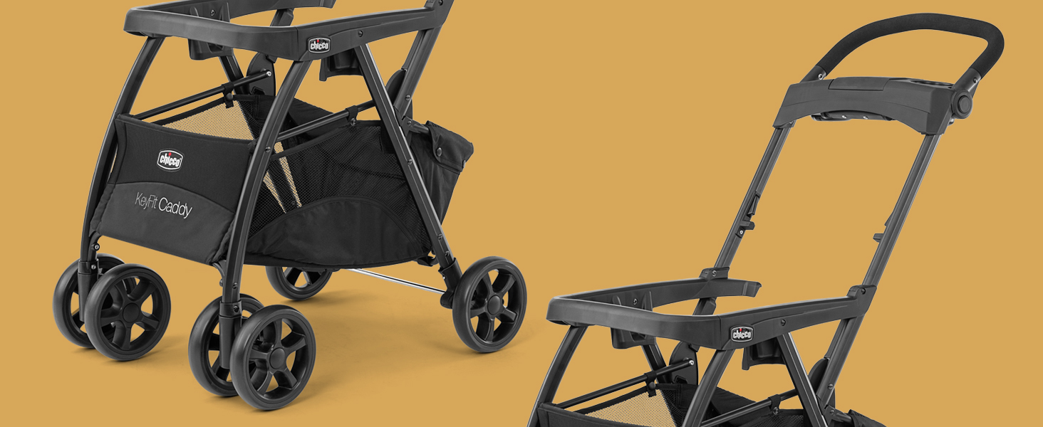 KeyFit Caddy Stroller spliced into two sections on a mustard yellow background.