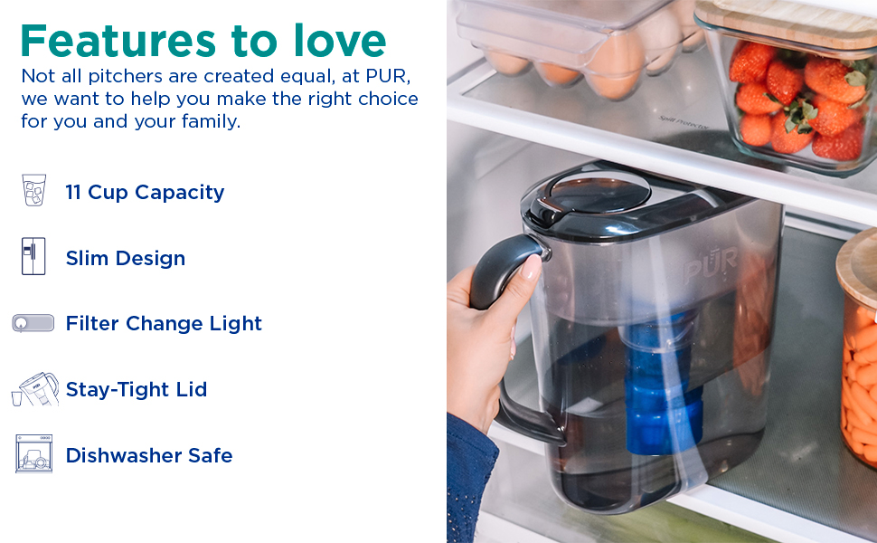 11 cup pitcher product features dishwasher safe filter change light stay tight lid