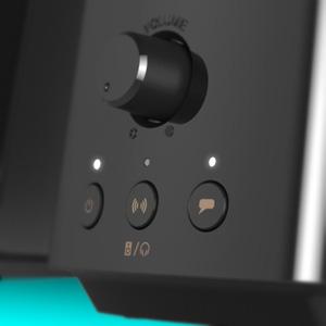 close up on the buttons on the right satellite of the creative t60 speakers to highlight easy access