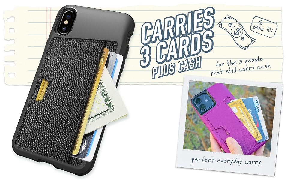Carries 3 cards plus cash (for the 3 people that still carry cash) Perfect every day carry!