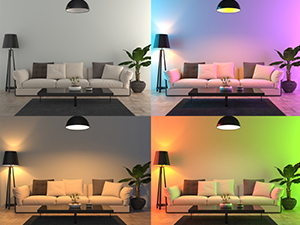 4 scenes of same room showing with lights off, lights on with different colors, lights on with white