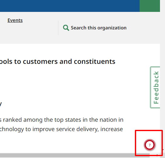 A screenshot of a Mass.gov page showing the lower right corner. A red number 7 appears in a red circle in the corner, just below the Feedback tab on the right side of the page, indicating that Editoria11y has found 7 issues on this page. 