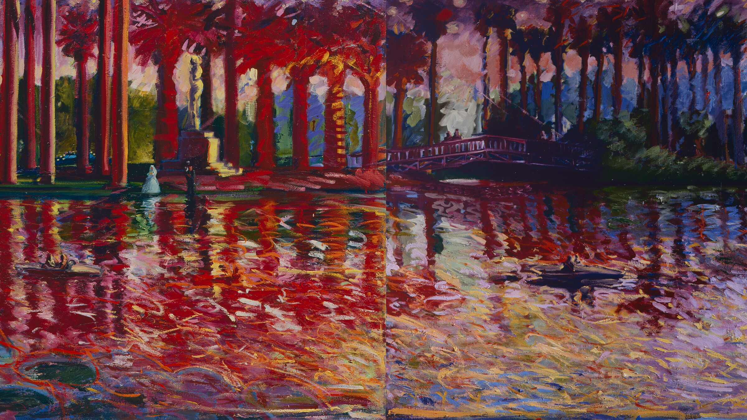 A blue, purple, green, and red impressionist-style painting of Echo Park Lake