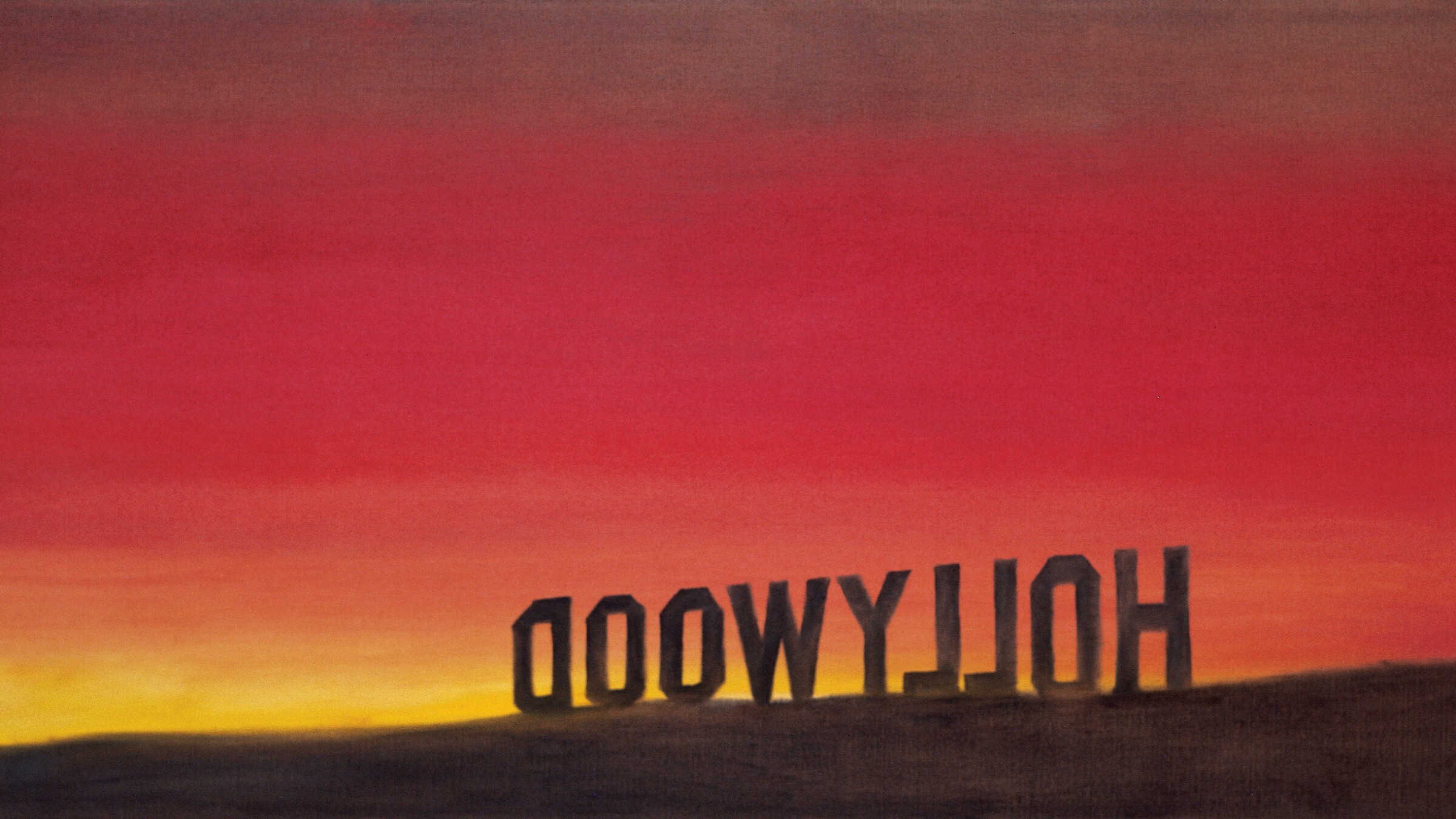 A painting of the back of the Hollywood sign with a deep red and yellow sunset. 