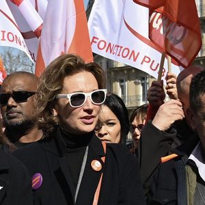 Les leaders de la CGT, Sophie Binet, à gauche, de la CFDT, Marylise Léon au milieu, et de FO, Frédéric Souillot, à droite.