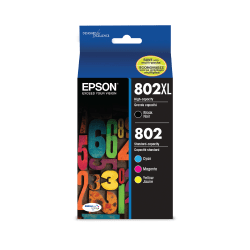 Epson® 802XL Black/802 DuraBrite® Cyan; Magenta; Yellow High-Yield Ink Cartridges, Pack Of 4, T802XL-BCS
