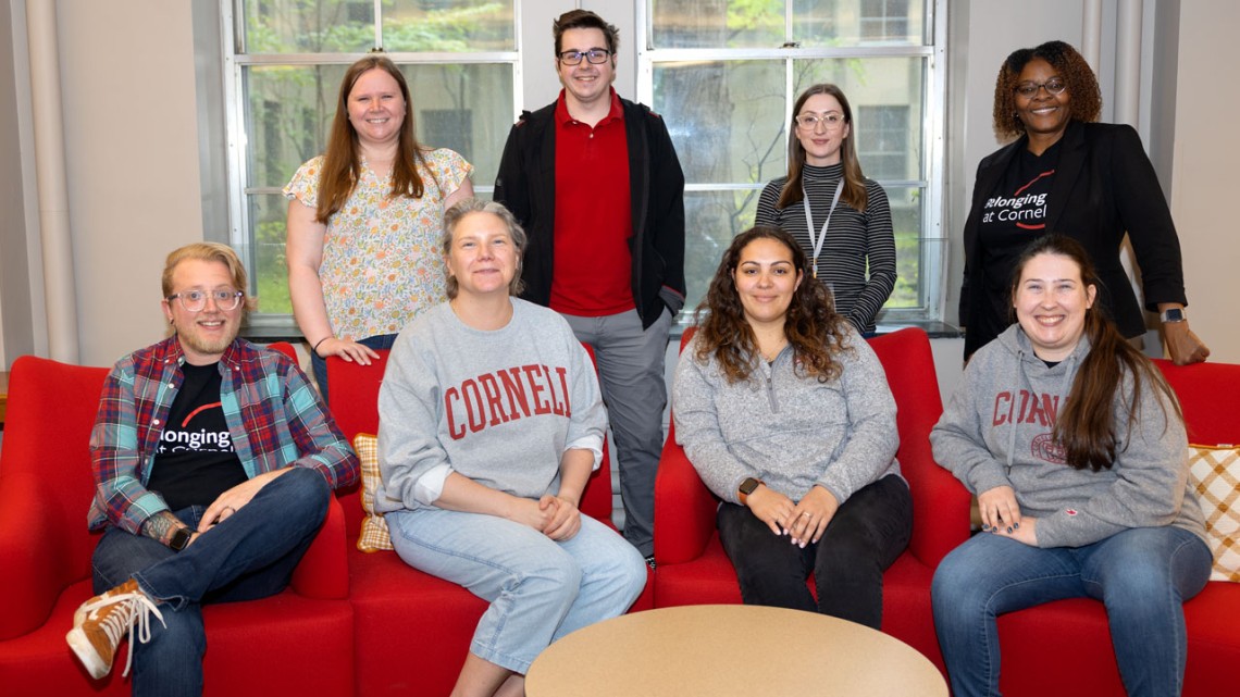 Members of the Office of Institutional Equity and Title IX attend the Cornell Heroes lunch on May 10. Back row, from left, Samantha Freeburn, Sam Halligan, Alex Gilbertson, Christine Lovely; front row, Cooper Sirwatka, Katie King, Nina Drake, Jessica Oren-Detweiler.