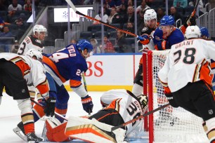 Scott Mayfield scores in the first period, the first of his two goals, in the Islanders' 7-1 win over the Ducks.
