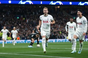 Tottenham Hotspur's Harry Kane celebrates scoring his side's second goal during the UEFA Champions League group D match between Tottenham Hotspur and Eintracht Frankfurt at Tottenham Hotspur Stadium on October 12, 2022 in London, United Kingdom.