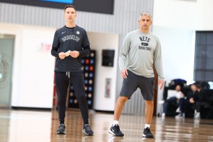 Steve Nash and Igor Kokoskov of the Brooklyn Nets coach during an open practice on October 8, 2022 at HSS Training Center in Brooklyn, New York.