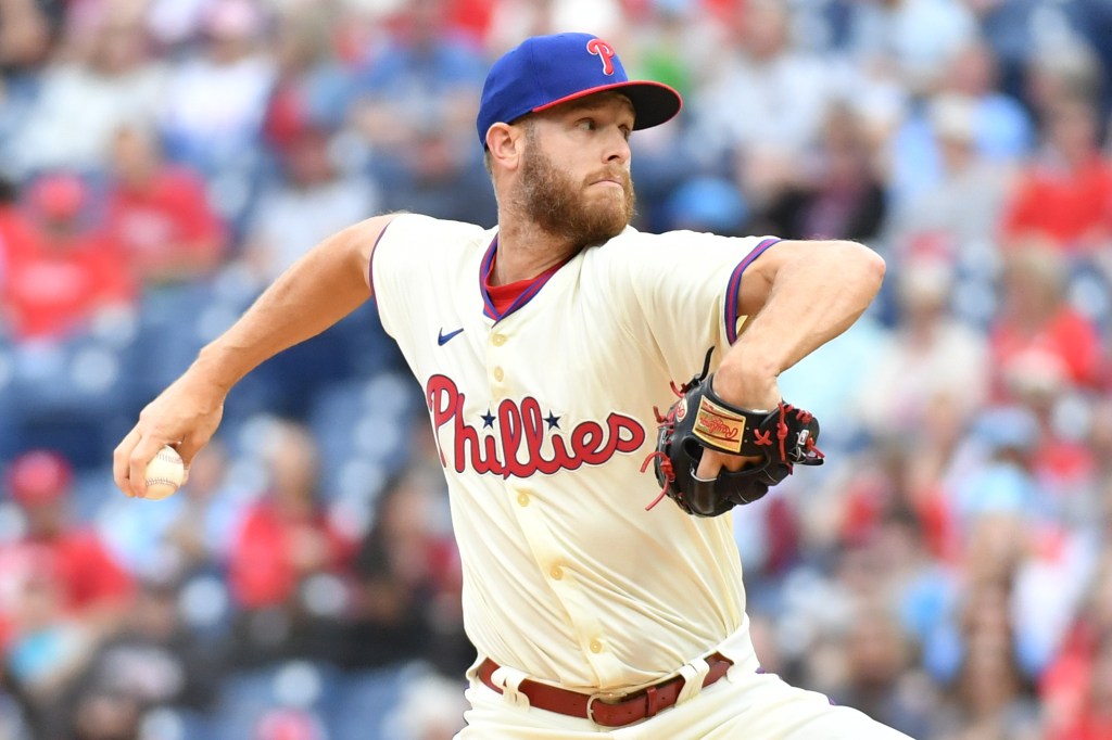 Philadelphia Phillies pitcher Zack Wheeler (45) throws a pitch during the first inning against the San Francisco Giants at Citizens Bank Park.