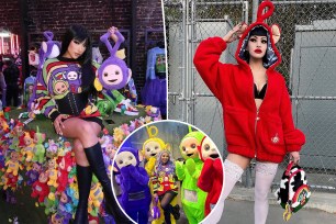 (Left) Woman wearing Teletubbies clothes. (Right) Women wearing Teletubibies clothes. (Inset) Teletubbies partying with Gen Z fan.