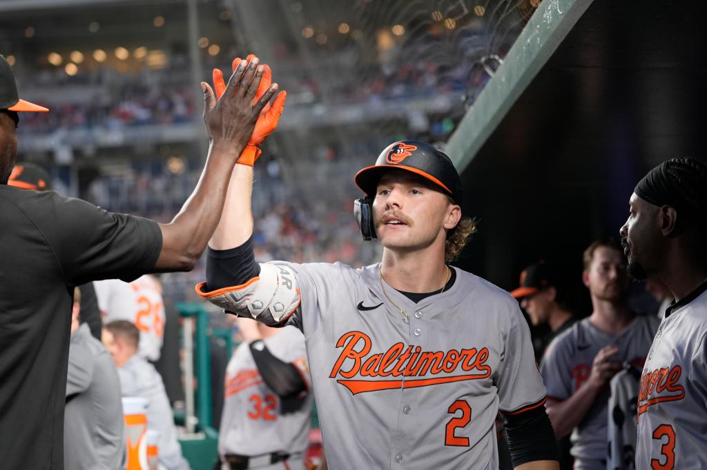 Baltimore Orioles' Gunnar Henderson (2) is congratulated in the dugout for a solo home run against the Washington Nationals during sixth inning of a baseball game at Nationals Park in Washington, Wednesday, May 8, 2024. 
