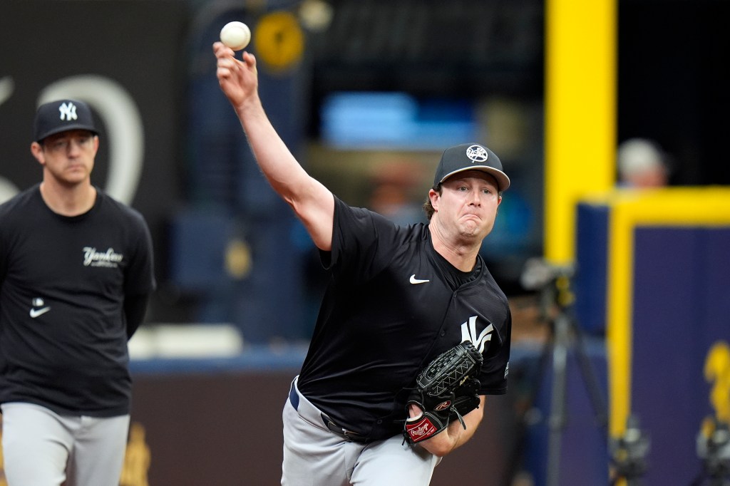 New York Yankees pitcher Gerrit Cole throws a bullpen session before a baseball game against the Tampa Bay Rays, Saturday, May 11, 2024, in St. Petersburg, Fla. 