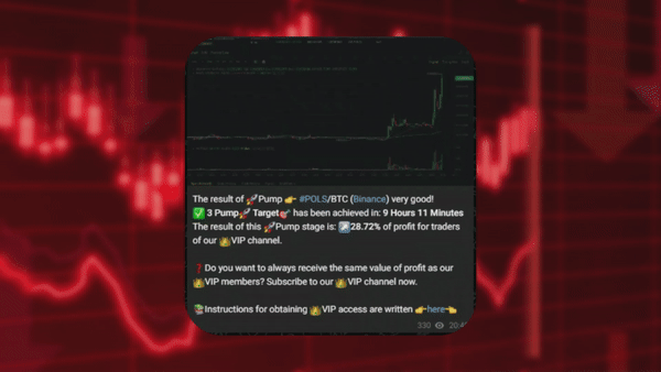 Report in the telegram channel Crypto Pump Signals for Binance about the successful pump of the Santos coin