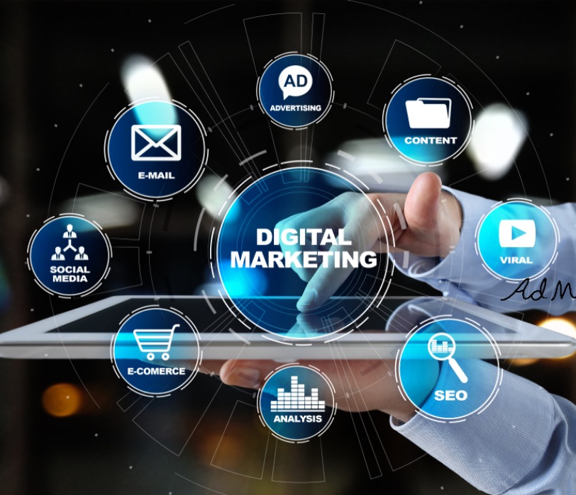 Digital marketing strategy interface with icons for SEO, PPC, email, and social media, representing Omnireach’s full-service approach in Dubai