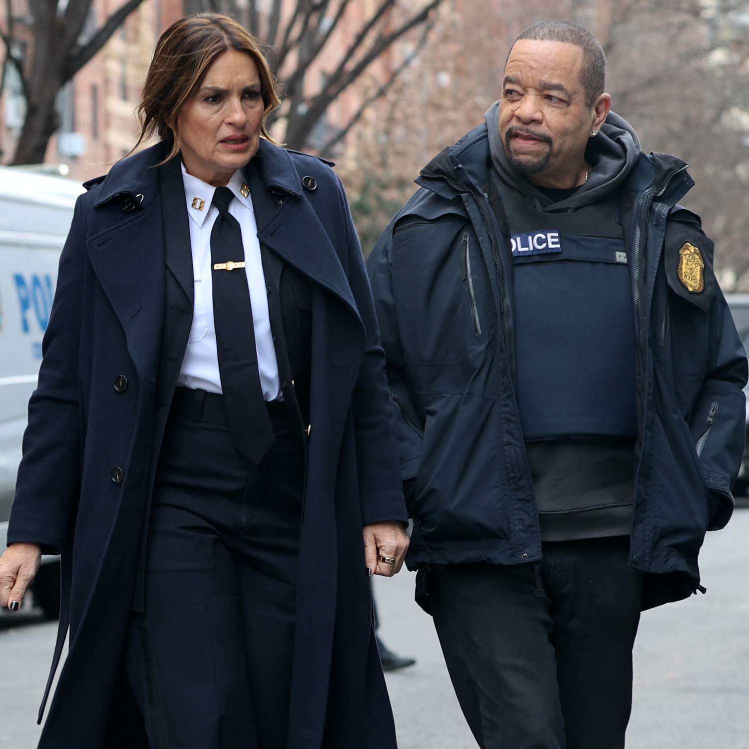 Ice T pictured on his birthday filming scenes with Mariska Hargitay at the Law