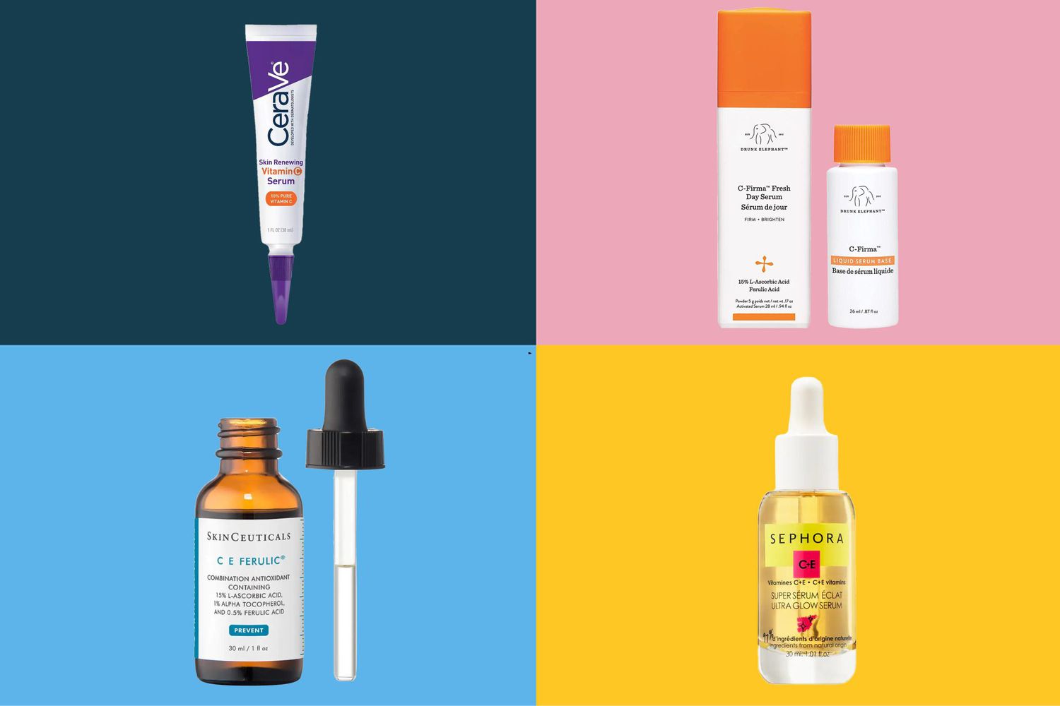 Collage of vitamin C serums we recommend on a colorful background