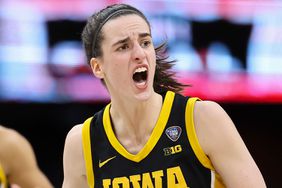 CLEVELAND, OHIO - APRIL 07: Caitlin Clark #22 of the Iowa Hawkeyes reacts against the South Carolina Gamecocks during the NCAA Women's Basketball Tournament National Championship at Rocket Mortgage Fieldhouse on April 7, 2024 in Cleveland, Ohio.