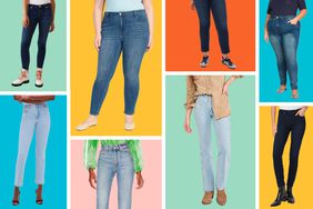 an assortment of the best skinny jeans we recommend on a colorful block background