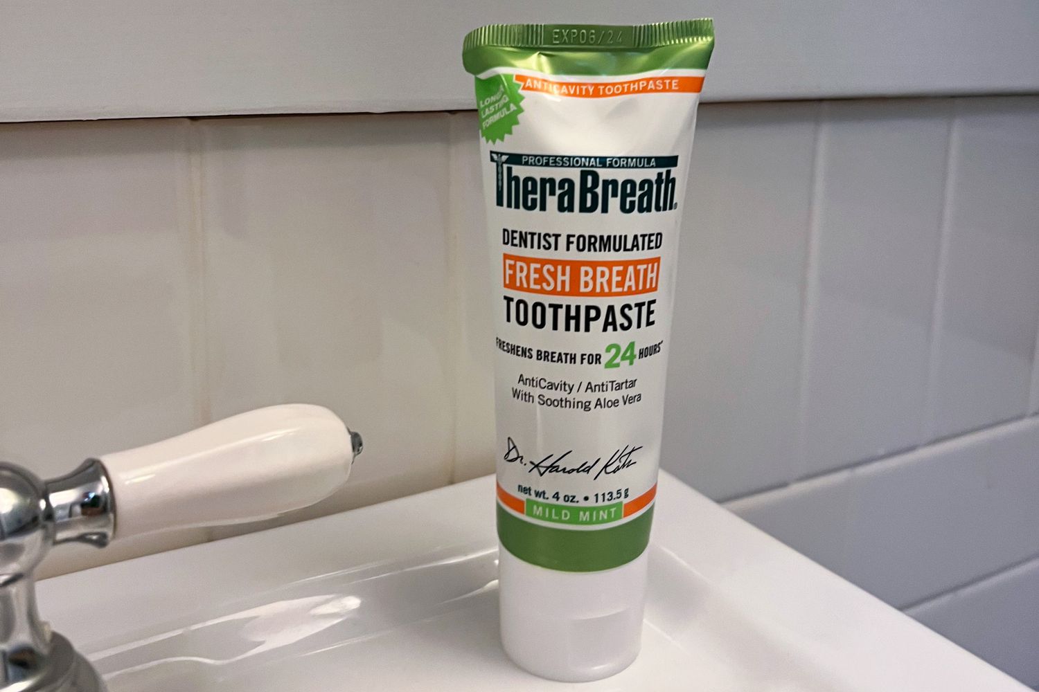 TheraBreath Fresh Breath Toothpaste tube on a sink