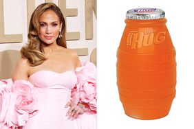 Jennifer Lopez attends the 81st Annual Golden Globe Awards at The Beverly Hilton on January 07, 2024 in Beverly Hills, California.; Little Hug Fruit Drink Barrels, Orange