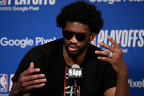 Philadelphia 76ers' Joel Embiid speaks during a news conference after Game 3 in an NBA basketball first-round playoff series against the New York Knicks, Thursday, April 25, 2024, in Philadelphia.