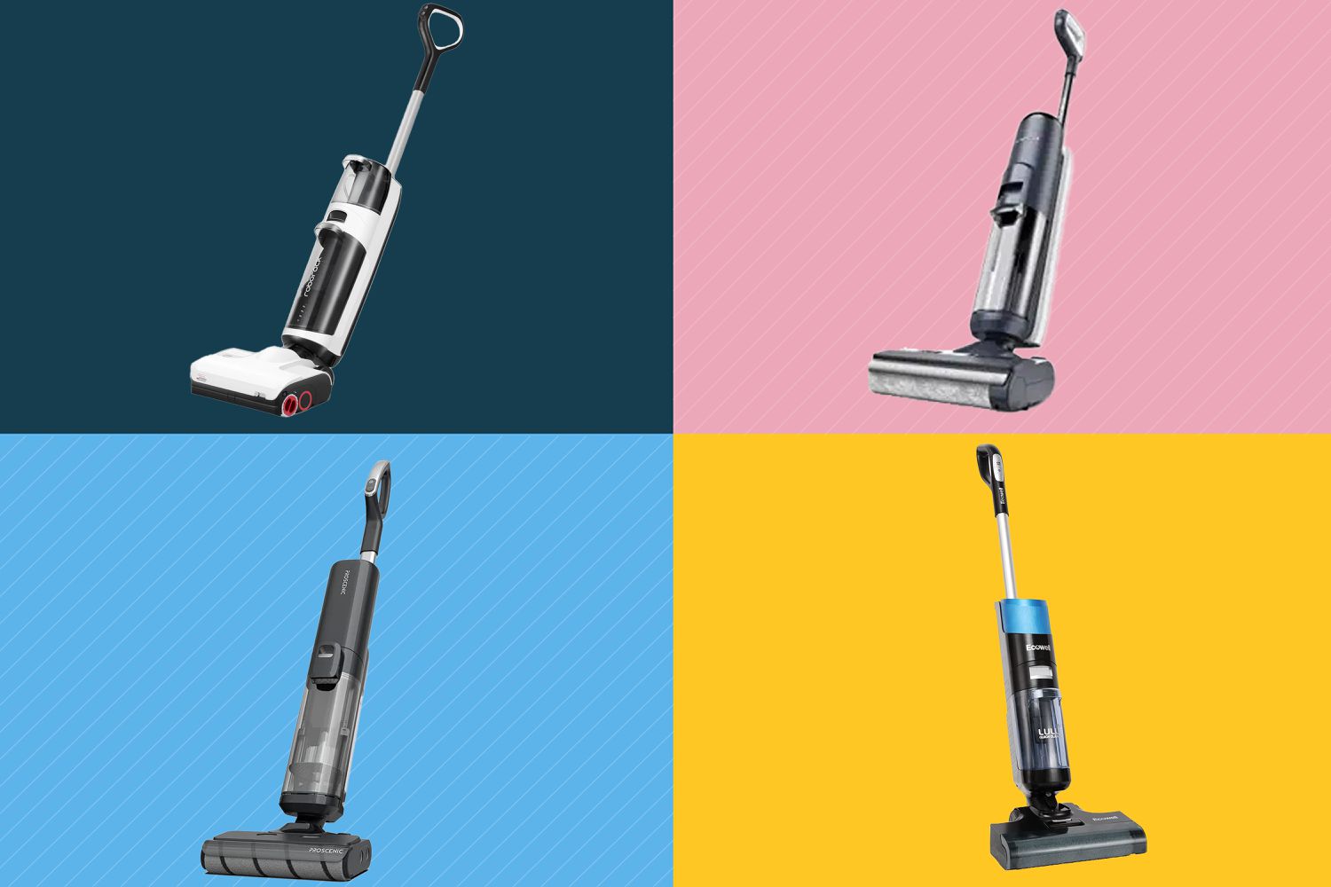 Collage of wet-dry vacuums we recommend on a colorful background