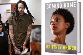 U.S. basketball player Brittney Griner, who was detained at Moscow's Sheremetyevo airport and later charged with illegal possession of cannabis, is escorted before a court hearing in Khimki outside Moscow, Russia August 2, 2022.; Book cover for Brittney Griner's "Coming Home"