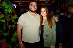 Hroniss Grasu and Sabrina Ionescu attend WME Sports cocktail party at Endeavor Lounge at Catch LA on February 11, 2022 in Los Angeles, California.
