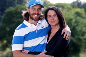 Tommy Fleetwood of England with his wife Clare after his practice session at Sandiway Golf Club on May 26, 2020