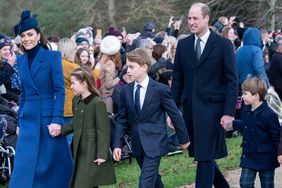 Catherine, Princess of Wales (L) and Prince William, Prince of Wales (2nd R) with Prince Louis of Wales (R), Prince George of Wales (C) and Princess Charlotte of Wales (2nd L) attend the Christmas Day service at St Mary Magdalene Church