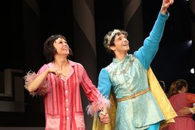 Sutton Foster as "Princess Winnifred" and Michael Urie as "Prince Dauntless" during the curtain call on closing night of New York City Center Encores! production of "Once Upon a Mattress" 