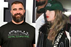 Jason Kelce (left); Taylor Swift wearing 'New Heights' podcast merch at Coachella