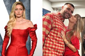 Gigi Hadid attends the 2023 Vanity Fair Oscar Party; Travis Kelce and Taylor Swift