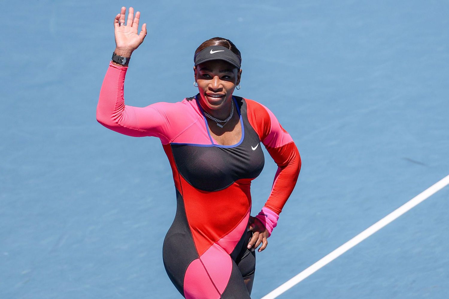 Serena Williams of the United States celebrates after the women's singles second round match between Nina Stojanovic of Serbia and Serena Williams of the United States at Australian Open in Melbourne Park