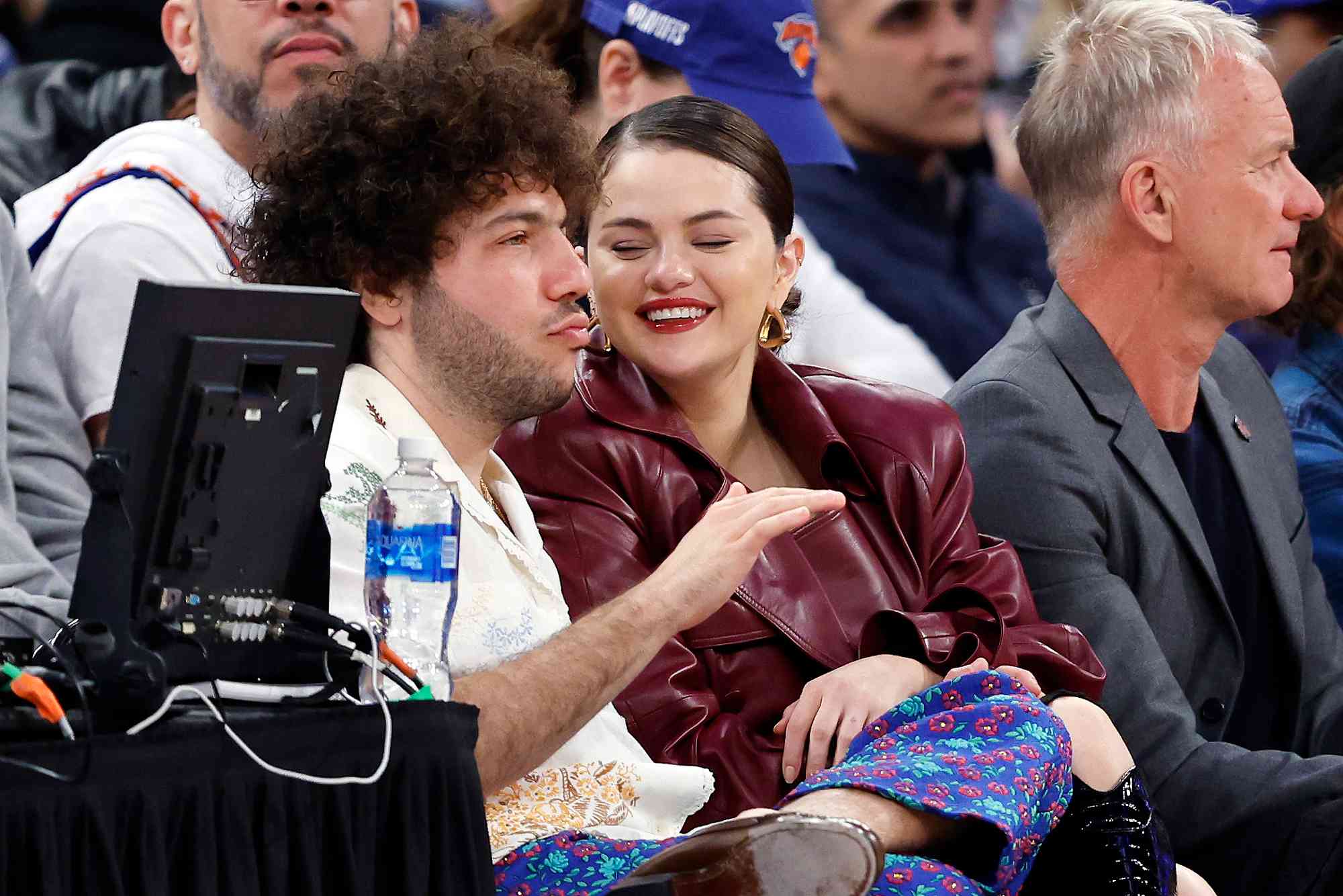 Record producer Benny Blanco (L) and actor Selena Gomez (R) attend the game between the New York Knicks and the Philadelphia 76ers in Game Two of the Eastern Conference First Round Playoffs at Madison Square Garden on April 22, 2024 in New York City.