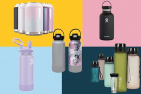Several of the best insulated water bottles on a multicolored background.