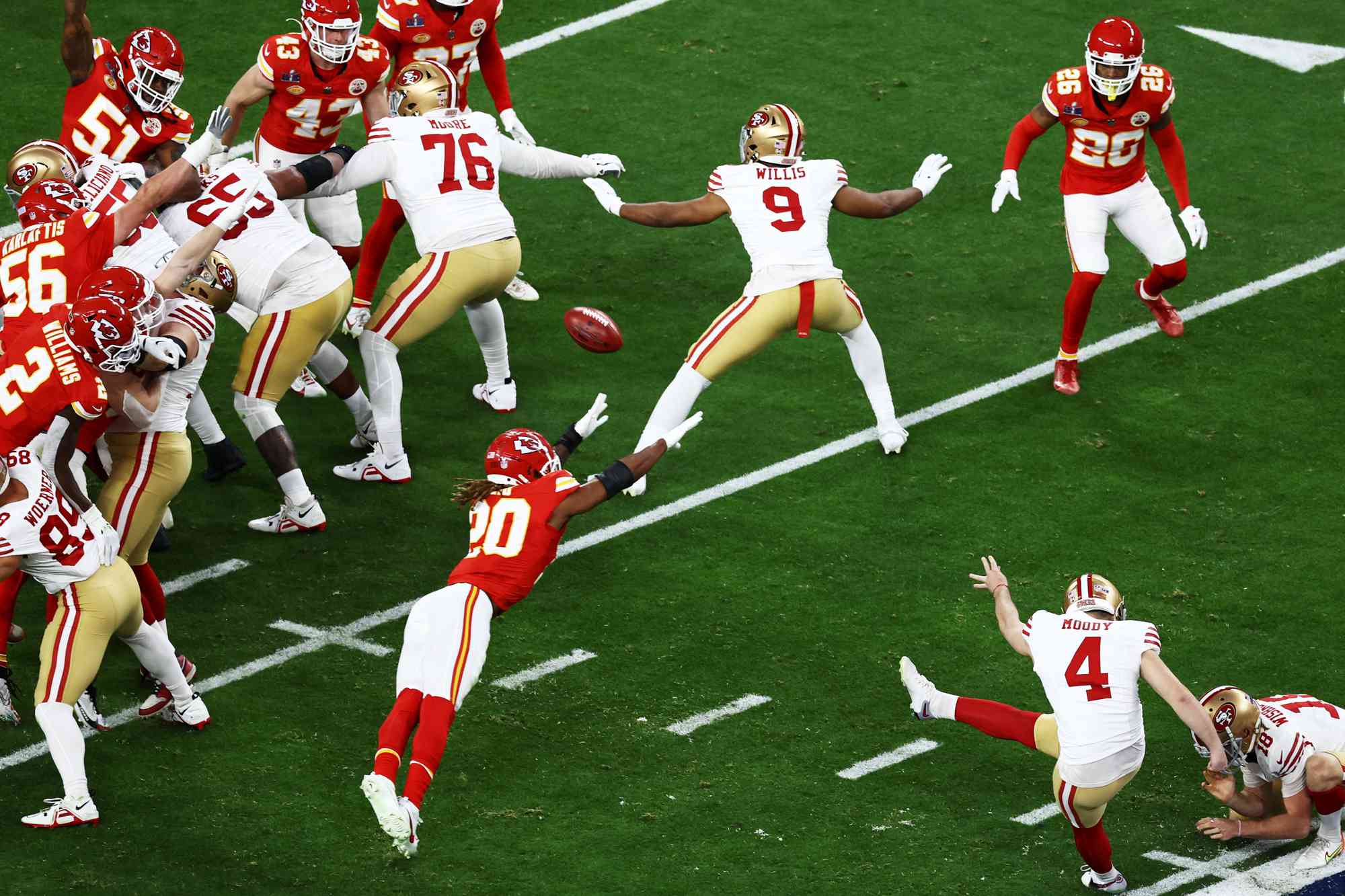 Jake Moody #4 of the San Francisco 49ers kicks a Super Bowl record setting 55-yard field goal