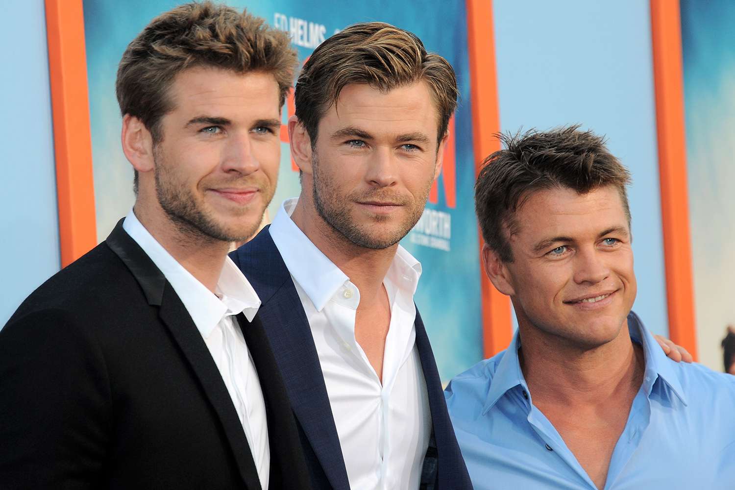 WESTWOOD, CA - JULY 27: Actors/brothers Liam Hemsworth, Luke Hemsworth and Chris Hemsworth arrive for the Premiere Of Warner Bros. Pictures' "Vacation" held at Regency Village Theatre on July 27, 2015 in Westwood, California. (Photo by Albert L. Ortega/Getty Images)