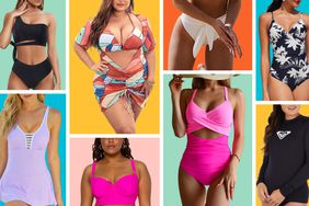 A collage of amazon swimsuits we recommend on a colorful background