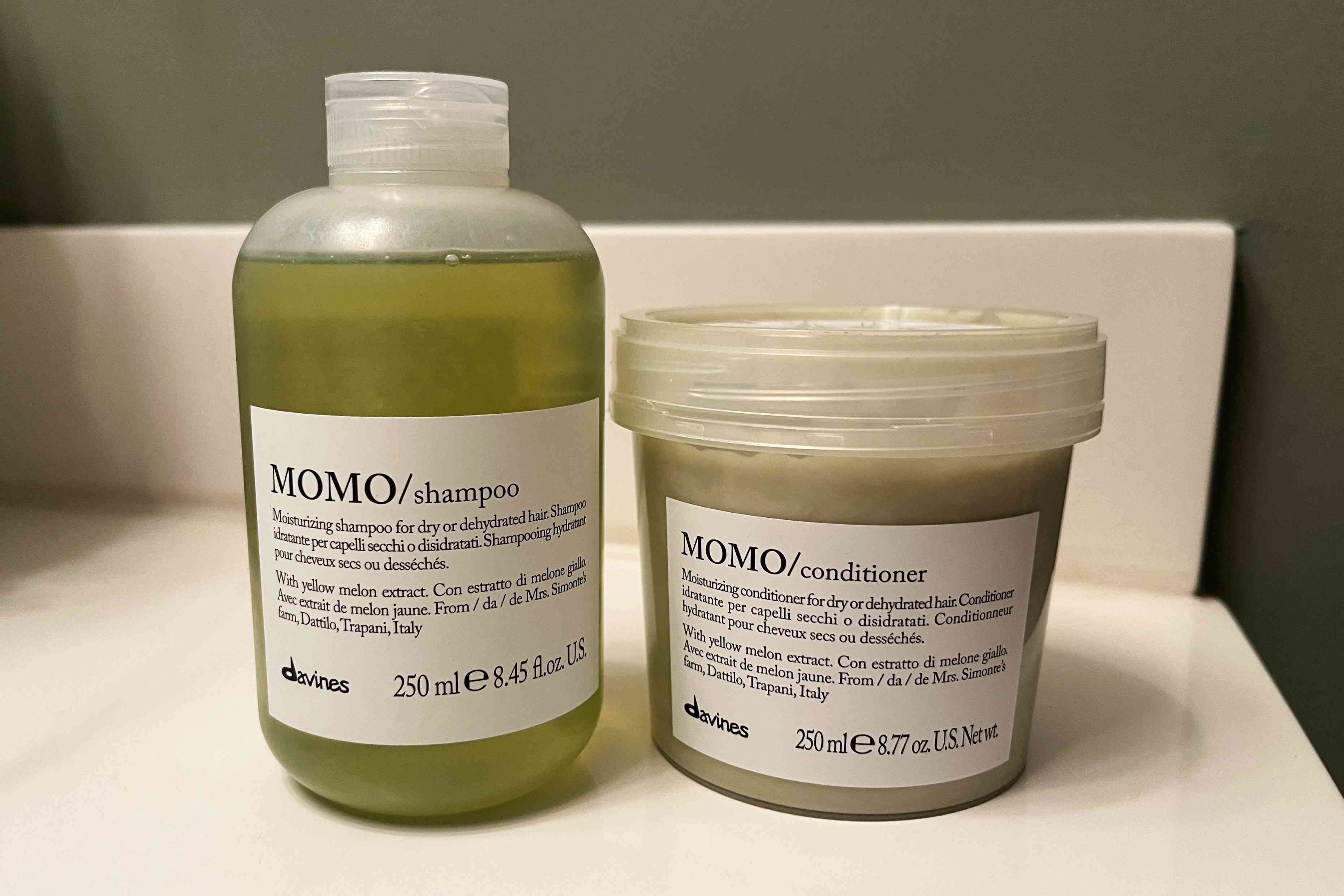 The Davines Momo Moisturizing Shampoo and Conditioner