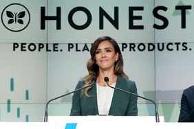 The Honest Company founder and chief creative officer Jessica Alba and The Honest Company CEO Nick Vlahos ring the Nasdaq Stock Market opening bell to mark the company's IPO at NASDAQ MarketSite on May 05, 2021 in New York City.